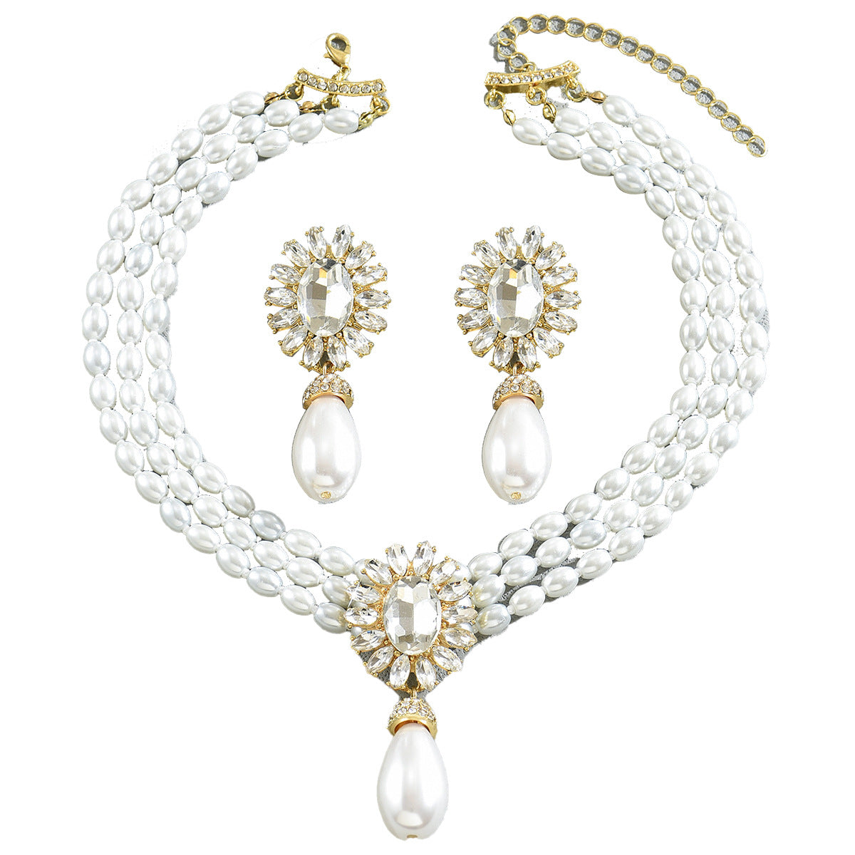 Geometric Light Luxury European American Women Jewelry Set, Niche Crystal Inlaid Multi-Layer Clavicle Chain Pearl Necklace & Matching Earrings