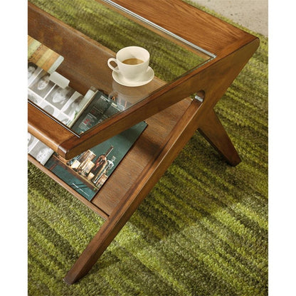 Coffee Table with Tempered Glass Top | Solid Wood Frame, Pecan Finish, Lower Shelf Storage