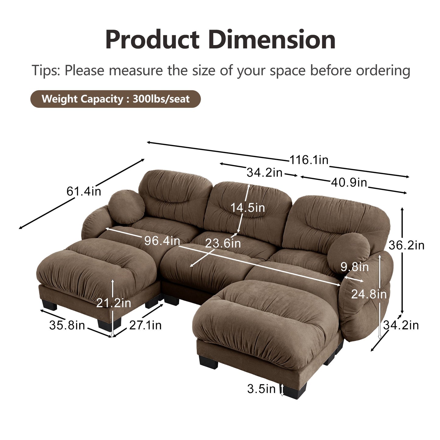 Sectional Sofa Modular Chenille Brown 3 Seat 2 Ottomans Pleated Backrest