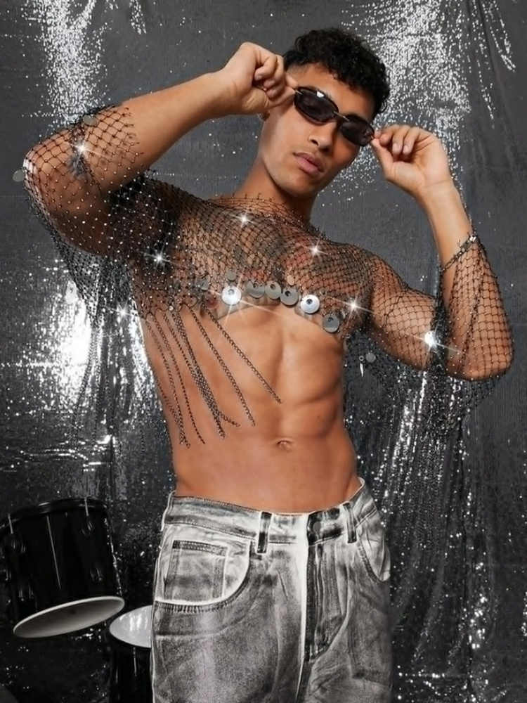Men's Transparent HollowOut Top Men's Mesh TShirt With Openwork Design Glittering Rhinestone And Sequin Fishnet Vest