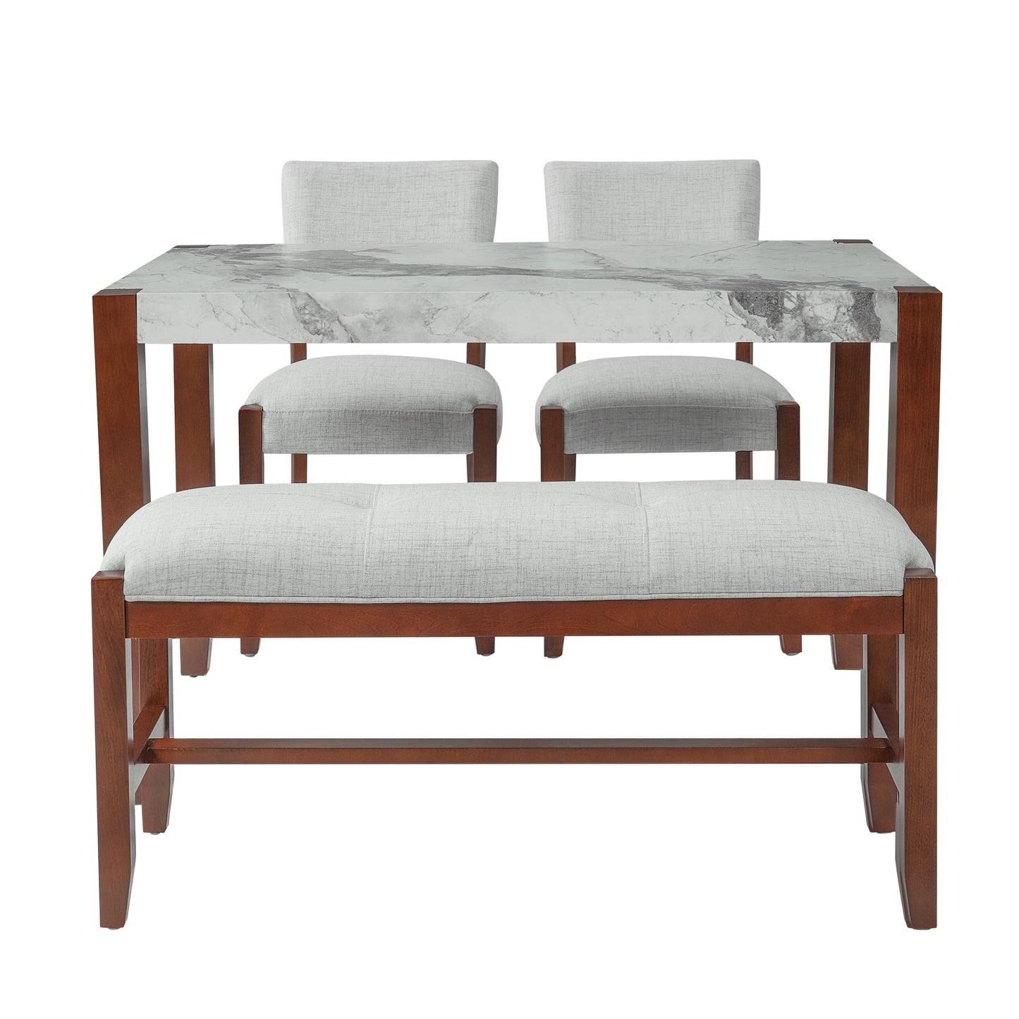 4-Piece Dining Set, 1 Marble-Look Table with 2 Upholstered Chairs and 1 Bench
