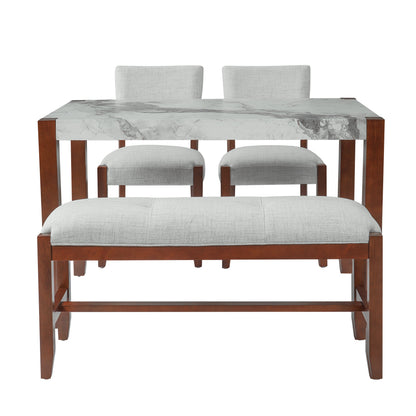 4-Piece Dining Set, 1 Marble-Look Table with 2 Upholstered Chairs and 1 Bench