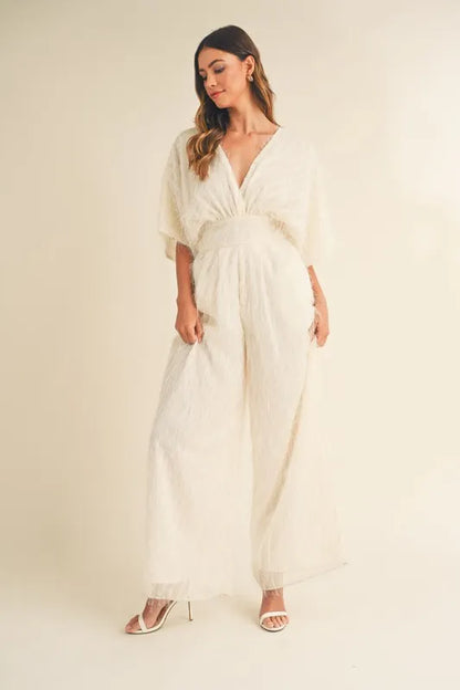 MABLE Fluffy Deep V Neck Wide Leg Jumpsuit