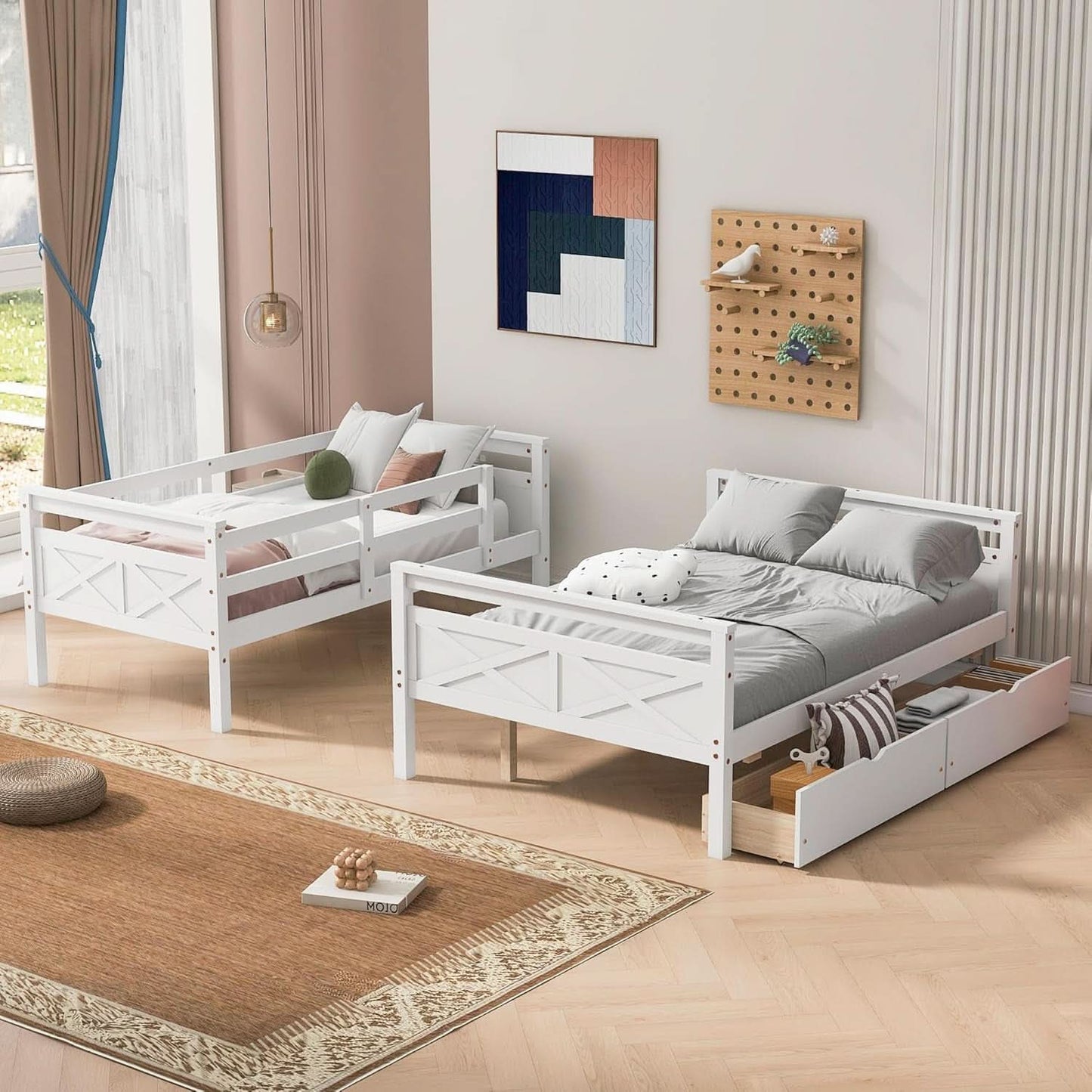 White Twin Over Full Bunk Bed With Storage Drawers