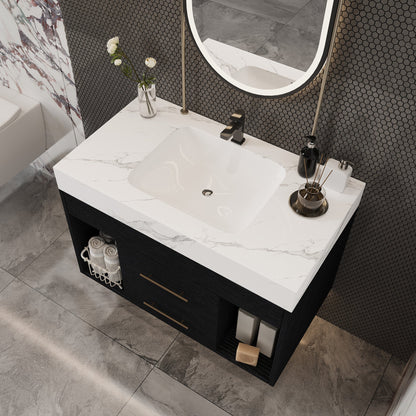 29.9' Modern Floating Bathroom Vanity with Sintered Stone Top Ceramic Undermo...