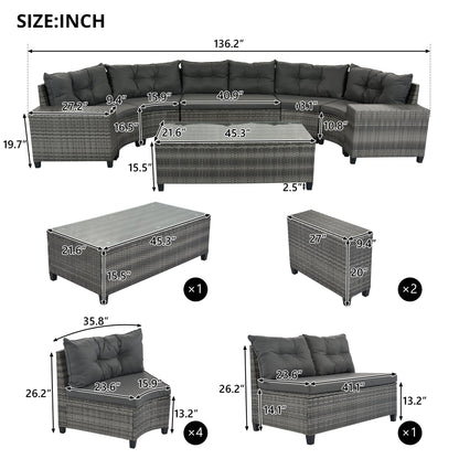 Outdoor Sectional Set PE Wicker Steel Gray Half Moon 8 Piece 250 LB