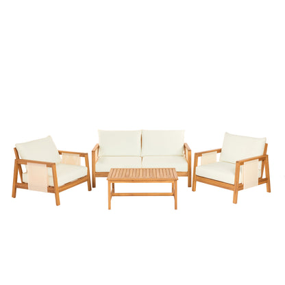 Outdoor Sofa Set Acacia Wood Textilene Teak Beige 4 Piece Seats 4