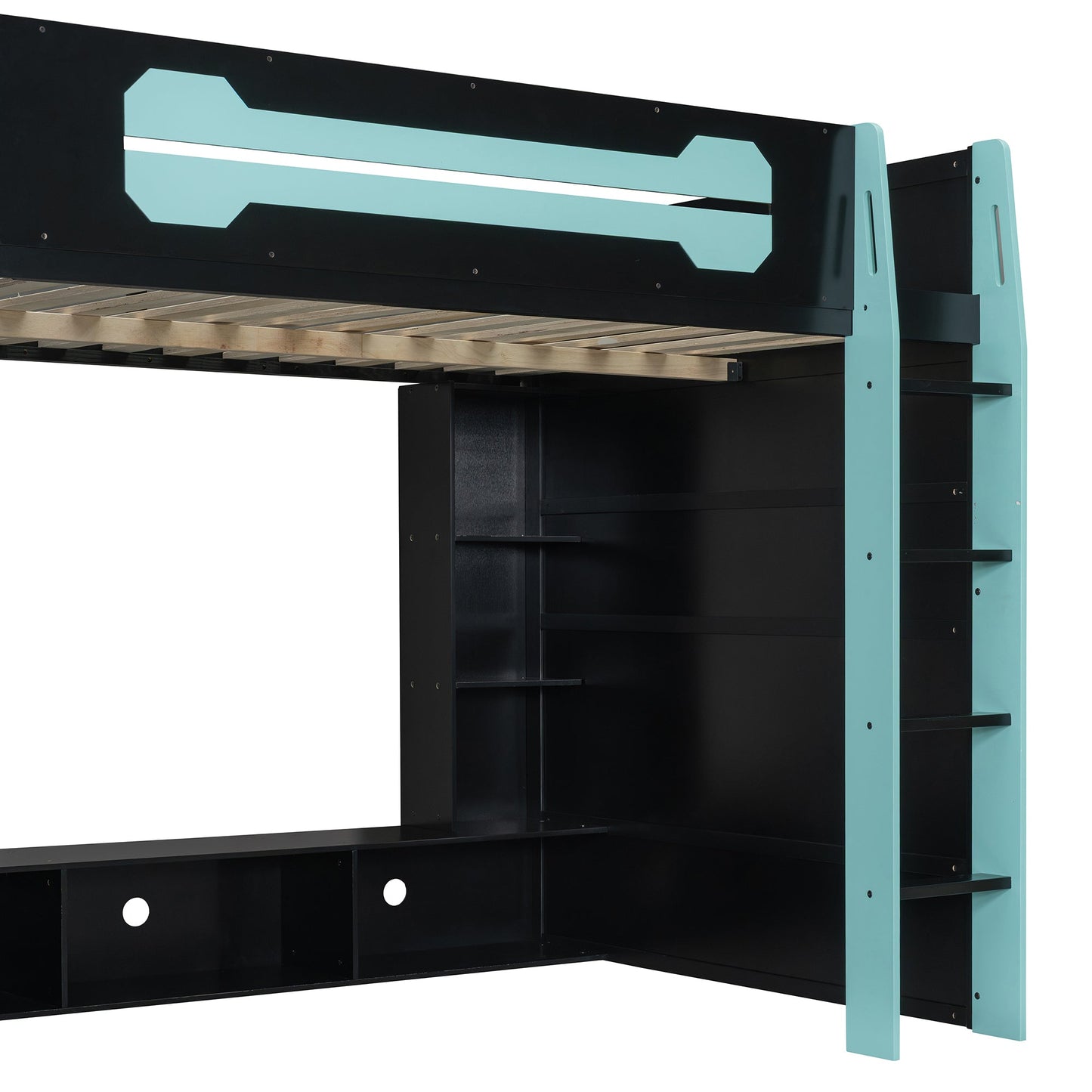 Full Size Wood Loft Bed with Desk, Multi-storage Shelves and RGB Light, Cloud