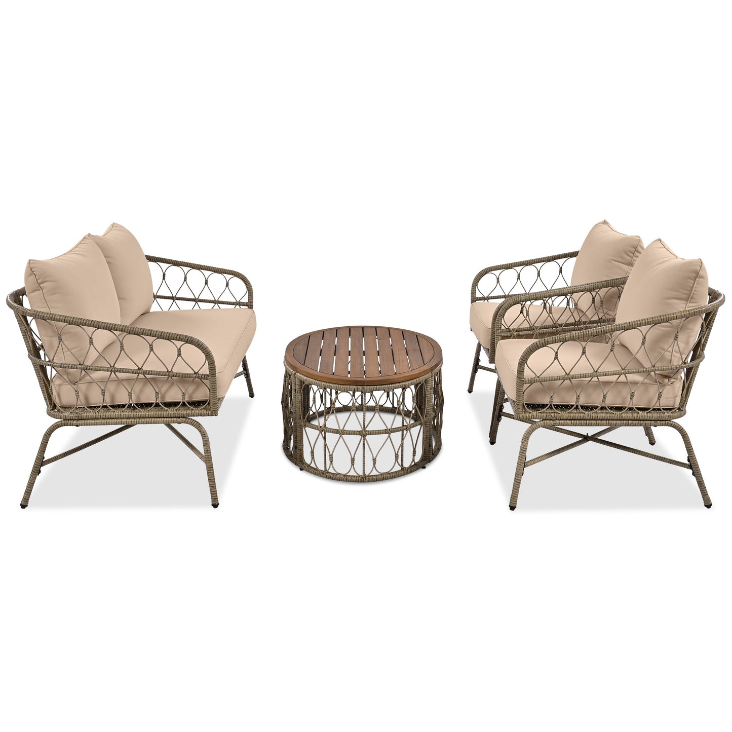 Outdoor Patio Set Wicker Boho Beige Cushion Oval Acacia Table 4 Piece