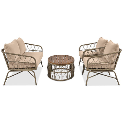 Outdoor Patio Set Wicker Boho Beige Cushion Oval Acacia Table 4 Piece