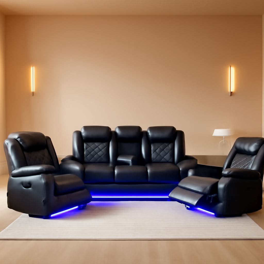 Black Power Recliner Sofa Set With LED And USB Charging