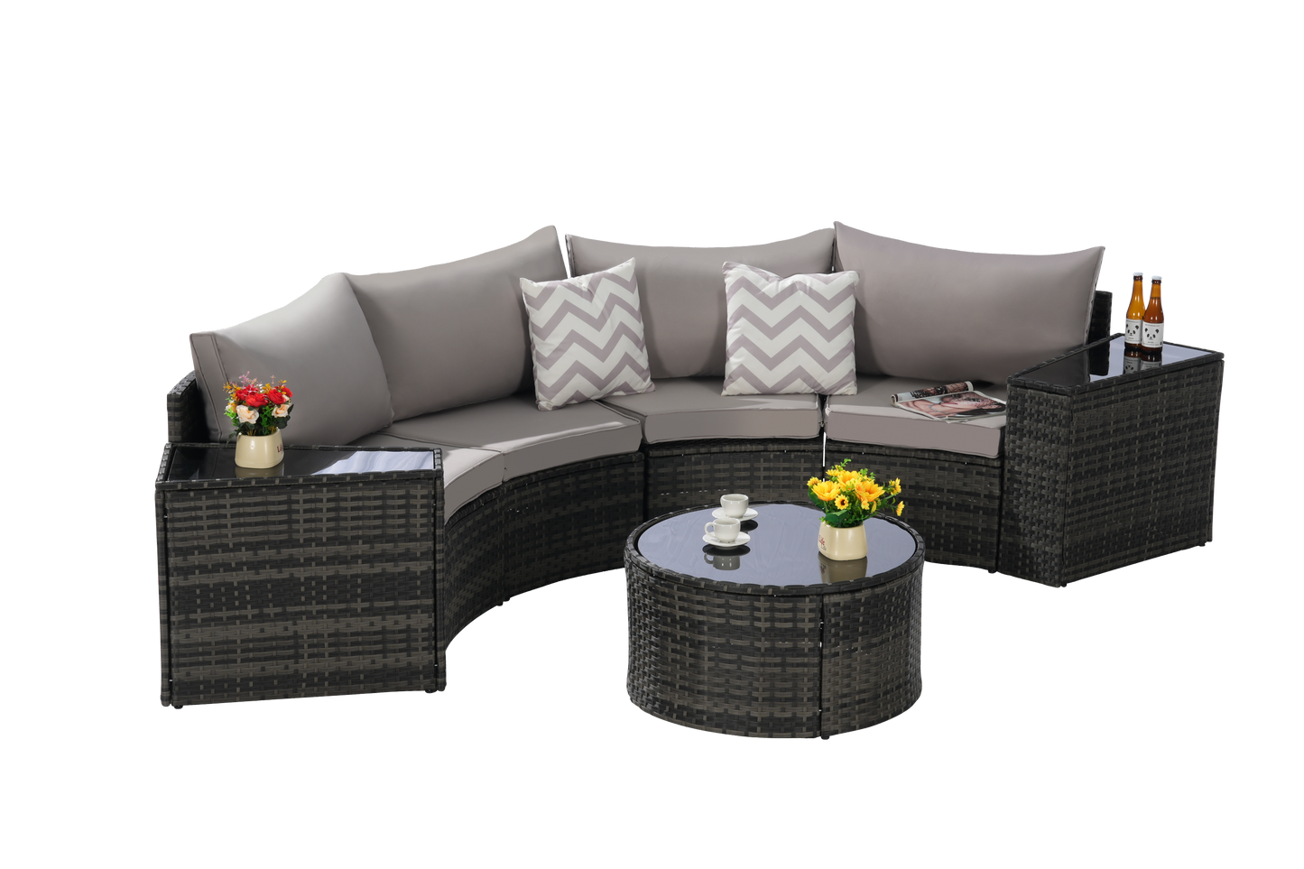 Outdoor Sectional Set PE Rattan Steel Light Gray Half Moon 7 Piece 380 LB
