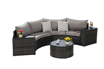 Outdoor Sectional Set PE Rattan Steel Light Gray Half Moon 7 Piece 380 LB