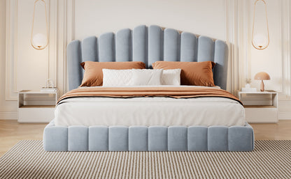 Velvet Upholstered Queen Bed Frame with Shell-Shaped Headboard, Light Blue