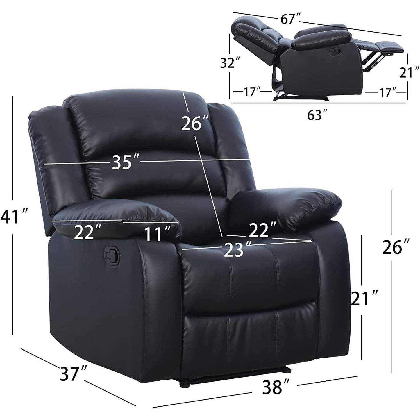 Black Bonded Leather Recliner With Overstuffed Arm And Back