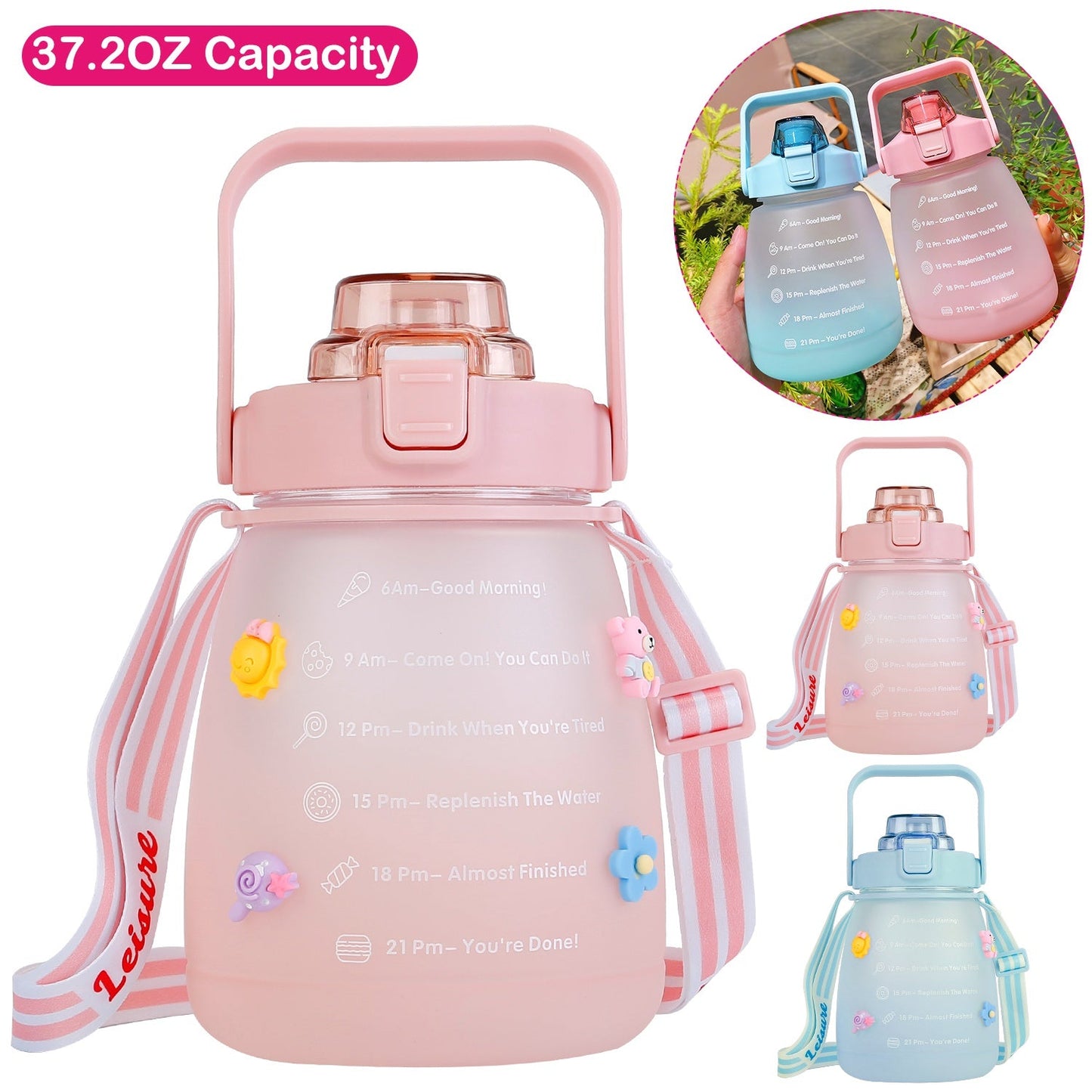 Kawaii Water Bottle with Straw 37.2oz Large Capacity Portable Sports Bottle with Cute Three-Dimensional Stickers