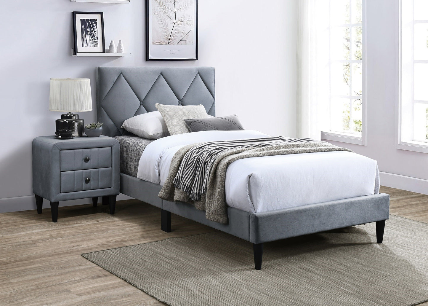 Grey Velvet Nightstand with 2 Drawers, Sleek Design, Tempered Legs, Bedroom