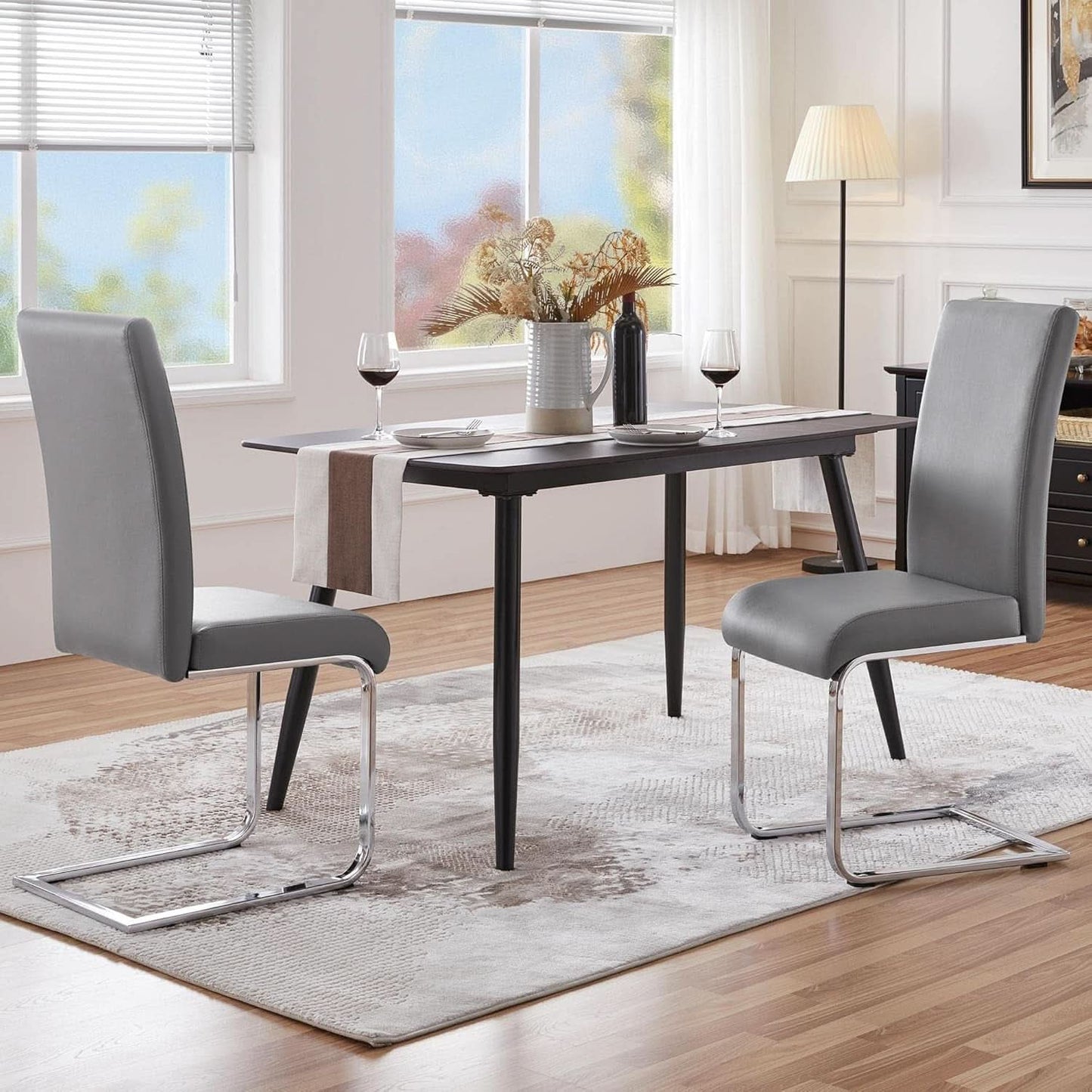 Gray PU Leather Dining Chairs For Kitchen Set Of 2