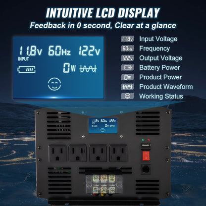 Pure Sine Wave Inverter 3500W, DC 12V to AC 120V, USB, LCD, GFCI, for RV Solar