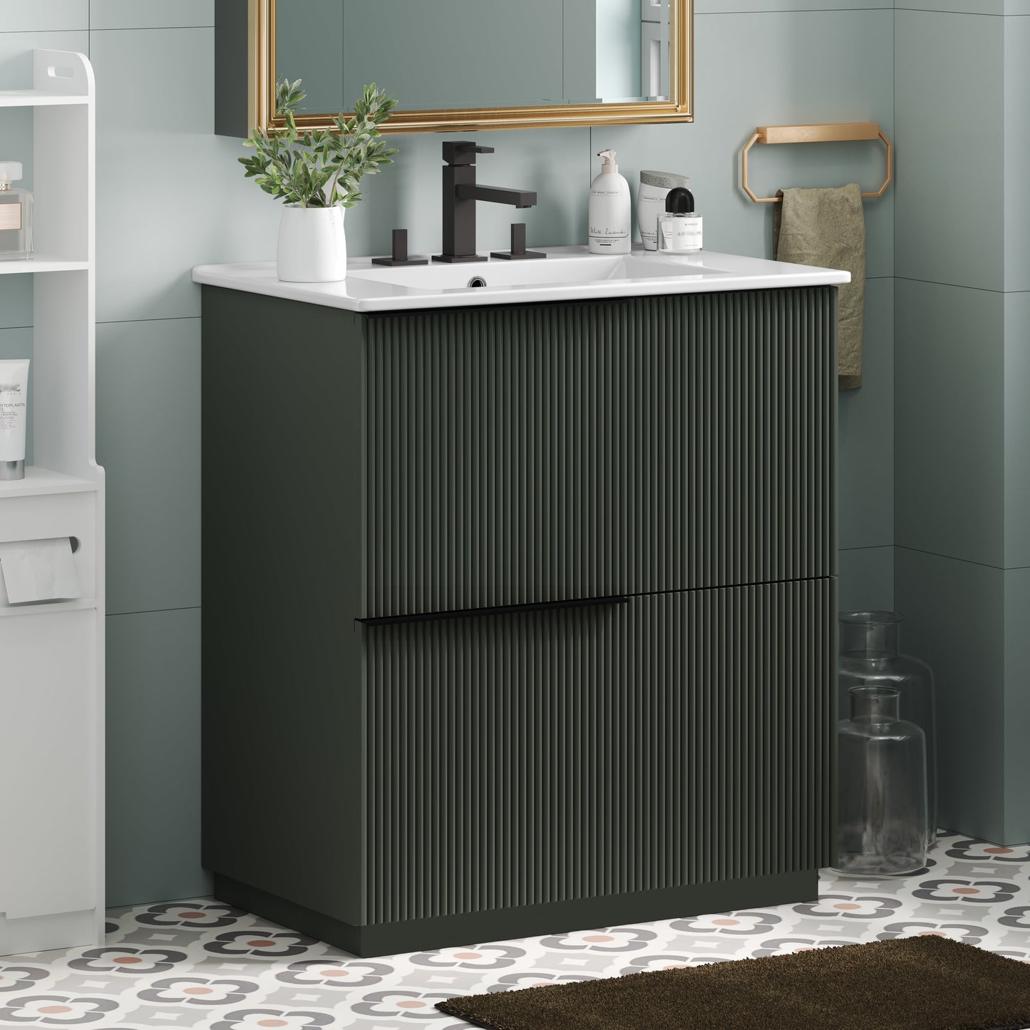 Green Fluted Bathroom Vanity with Ceramic Sink, 30' Full-Extension Drawers, S...