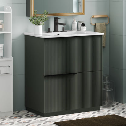 Green Fluted Bathroom Vanity with Ceramic Sink, 30' Full-Extension Drawers, S...