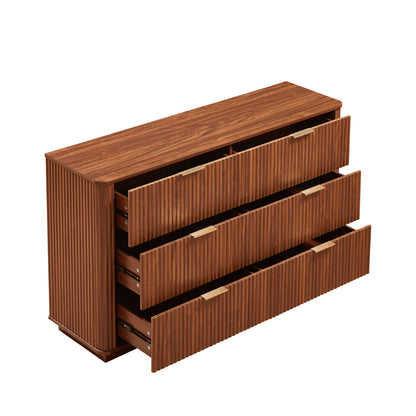 Dresser Modern 6-Drawer Walnut MDF Wave Texture 55.1x15.75x31.5 In 150 LB
