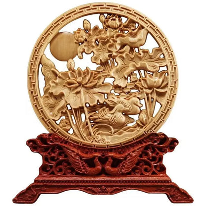 Wood Carving Dragon and Phoenix Round Carving Art Statue High Quality