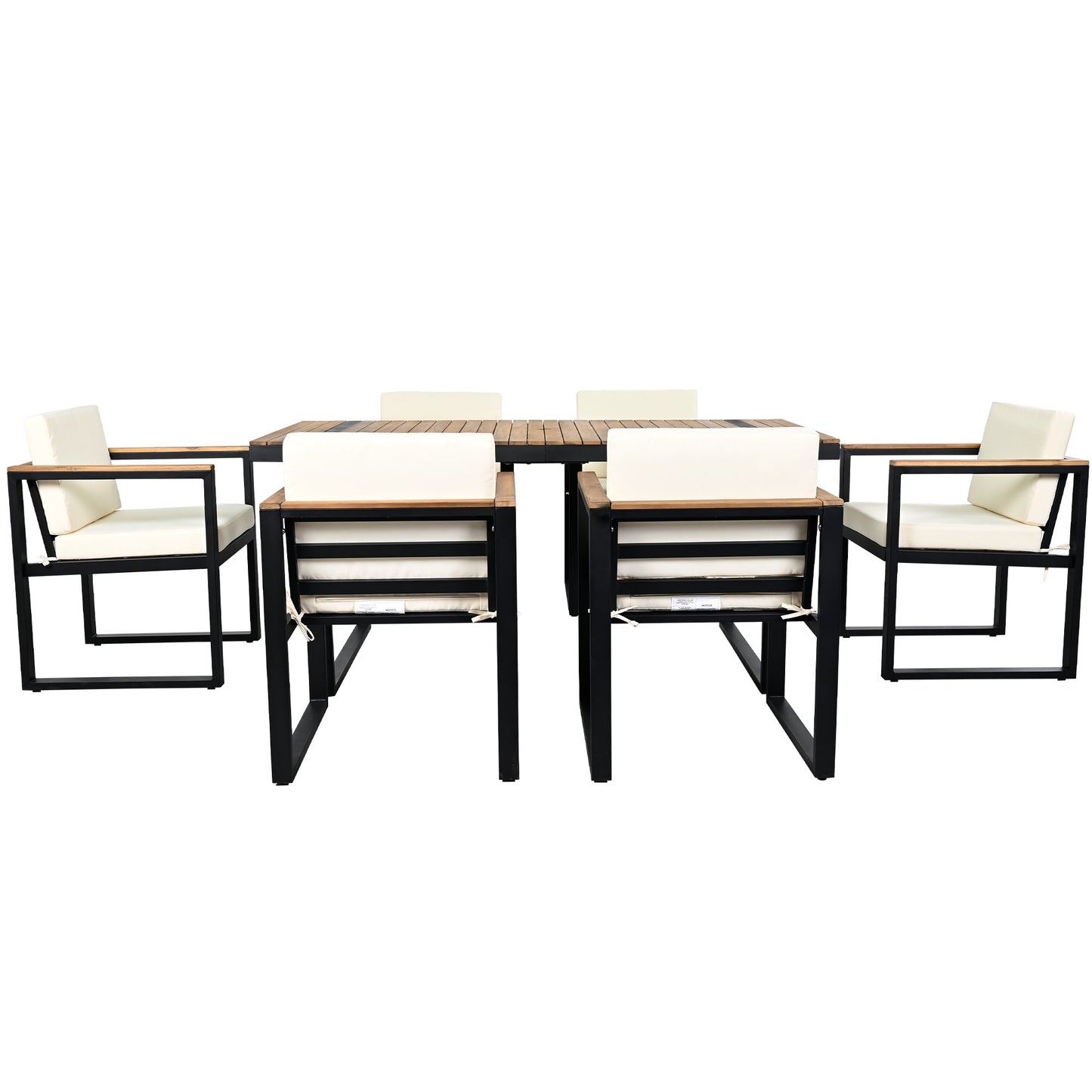 Outdoor Dining Set Acacia Wood Steel Beige Cushion 7 Piece Umbrella Hole