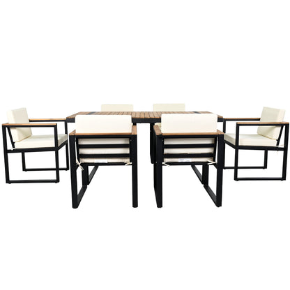 Outdoor Dining Set Acacia Wood Steel Beige Cushion 7 Piece Umbrella Hole