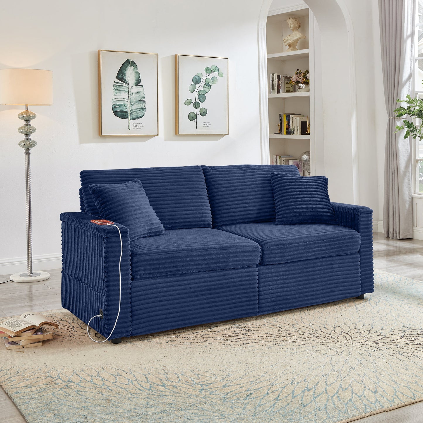 Convertable Loveseat L-Shape Corduroy Blue Storage Chaise 2 Ottomans USB 69 In