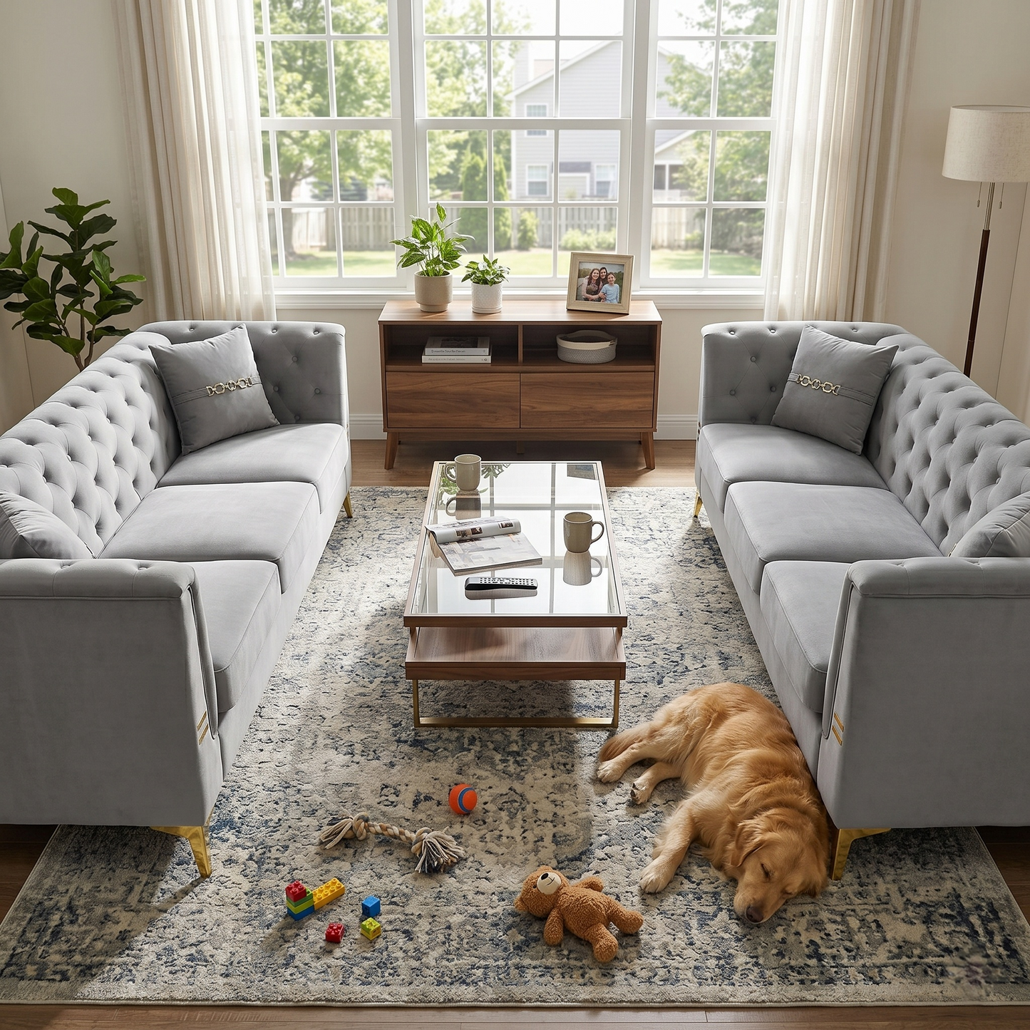 Mid-Century Velvet Sofa Set 2pc Tufted Gray Gold Legs