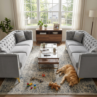 Mid-Century Velvet Sofa Set 2pc Tufted Gray Gold Legs