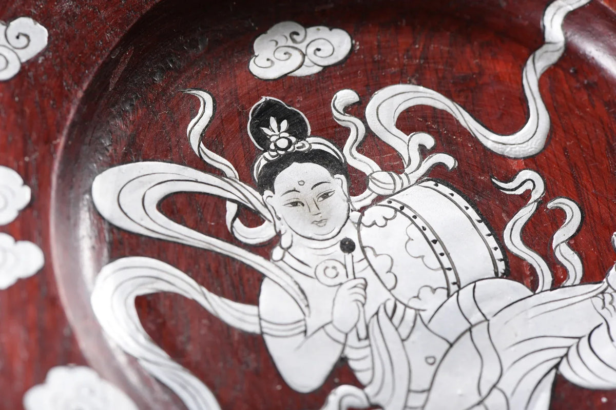 Wood Lacquerware Plate with Silver Inlay – Dunhuang Flying Apsaras (16cm)