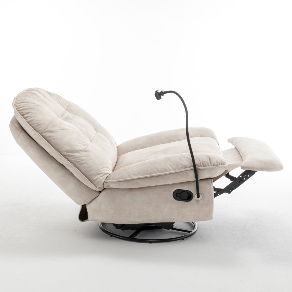 Ivory Gold-Stamped Velvet Recliner – Swivel Glider, 150° Recline & Detachable Phone Holder