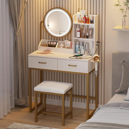 White Round LED Makeup Vanity Mirror With Charging Station 31.5 Inch