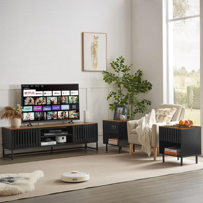 TV Stand Mid-Century Black MDF Slatted Grille Doors 4-Shelf Fits 60 In TV