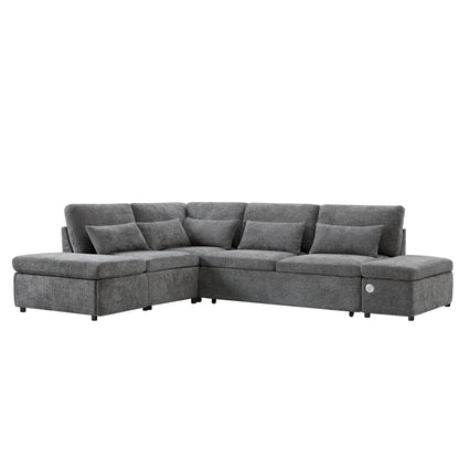 Sofa Bed L-Shape Chenille Gray 6 Seat Pull-Out USB Ports 107 In