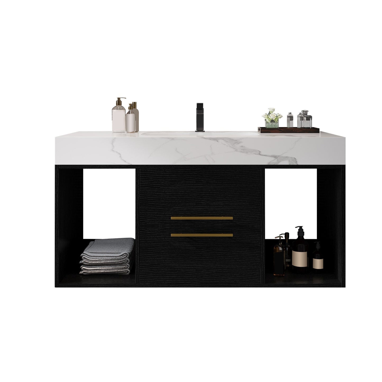 39.4' Floating Bathroom Vanity with Ceramic Sink, 2 Drawers and 2 Open Shelves