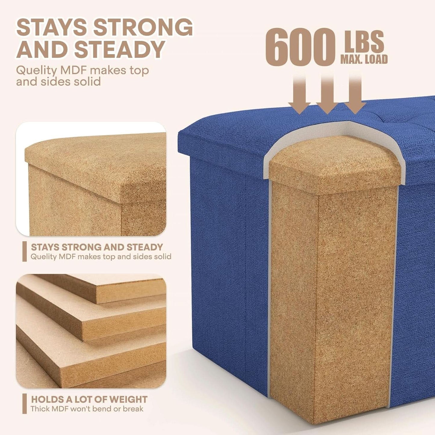 Navy Blue Folding Storage Ottoman Organizer 43Inch