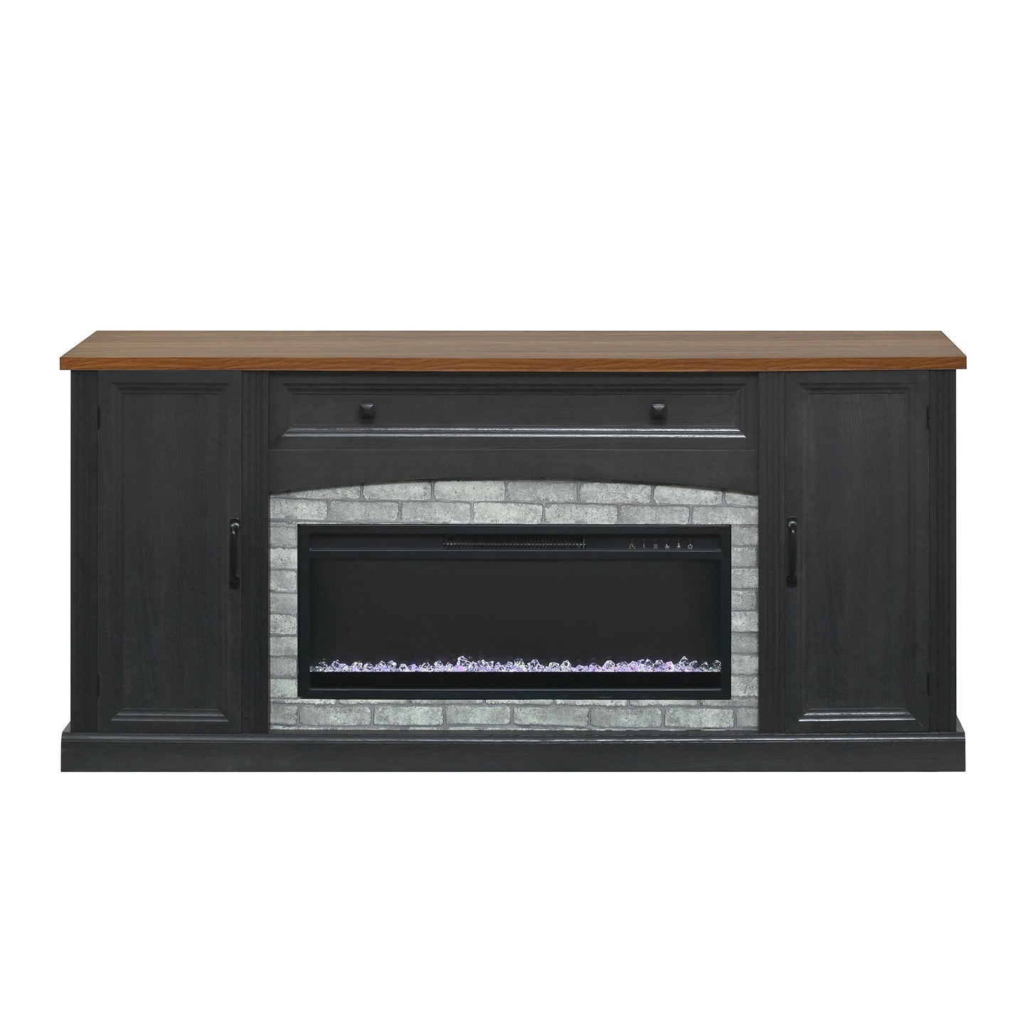 TV Stand Fireplace Black MDF Walnut Top Gray Brick 1400W Fits 70 In TV 66.9 In