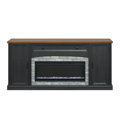 TV Stand Fireplace Black MDF Walnut Top Gray Brick 1400W Fits 70 In TV 66.9 In
