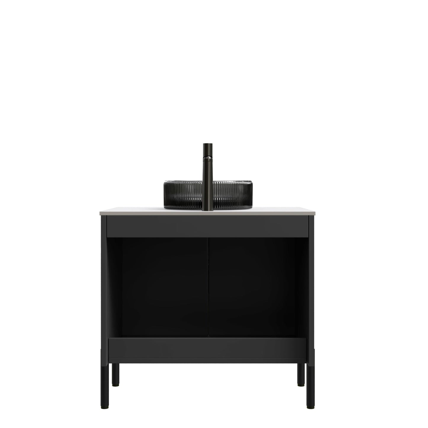 30' Bathroom Vanity with Sink, Freestanding Cabinet 2 Doors Black Glass Basin