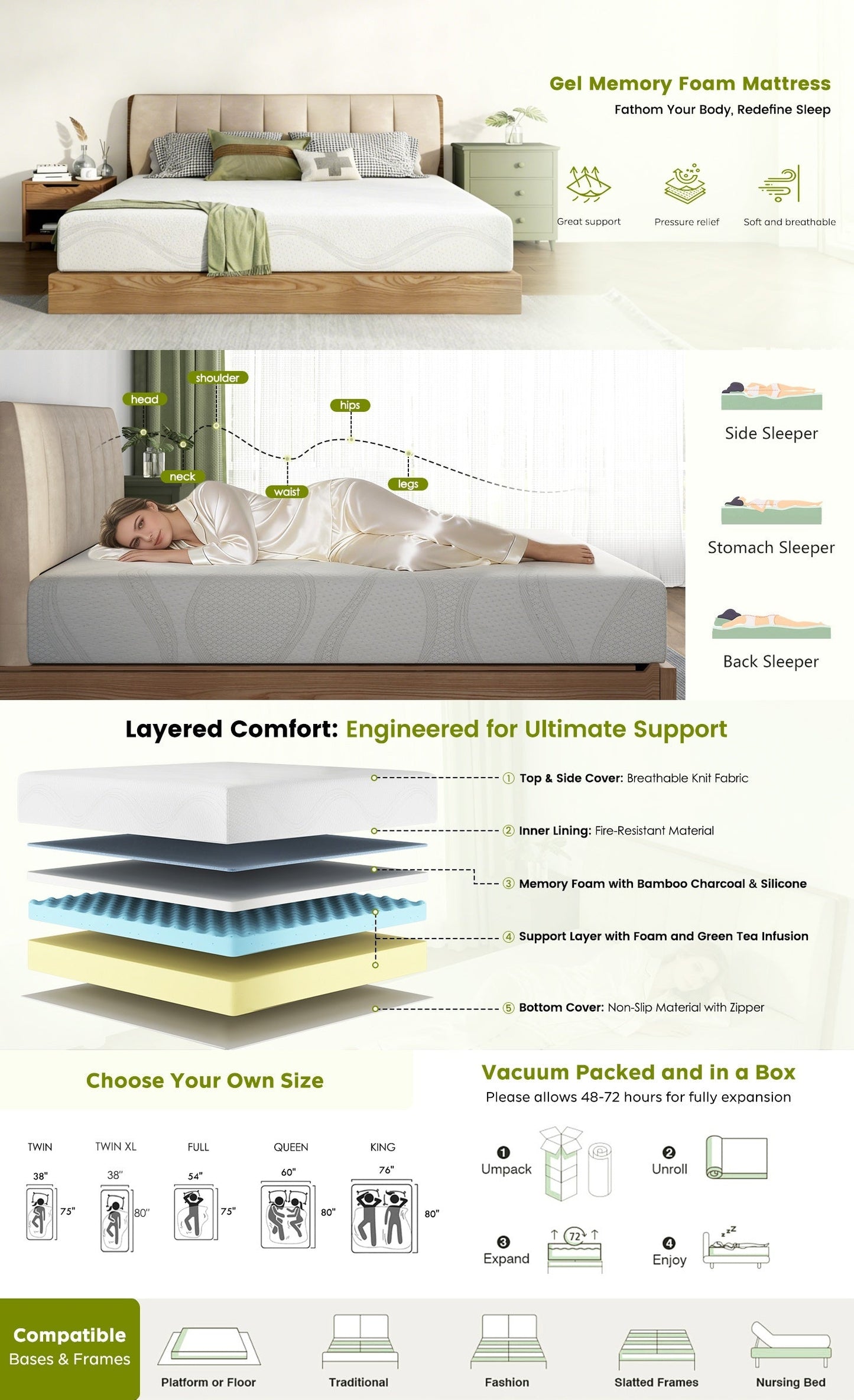 Mattress Memory Foam White Queen 10in Gel Cooling Layers