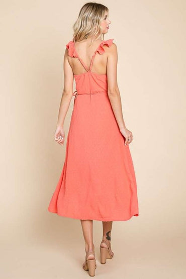 Ruffle Detail Surplice Wrap Slip Dress For Women – Elegant Ruffle Wrap Dress, Feminine Surplice Dress, Chic Wrap Dress, Romantic Ruffle Detail Dress, Effortless Evening Dress, Flattering Slip Dress