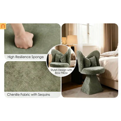Accent Chair Swivel Butterfly Back Green Chenille 360 Degree