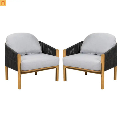 Outdoor Club Chair Acacia Wood Rope Woven Gray Cushion Set of 2