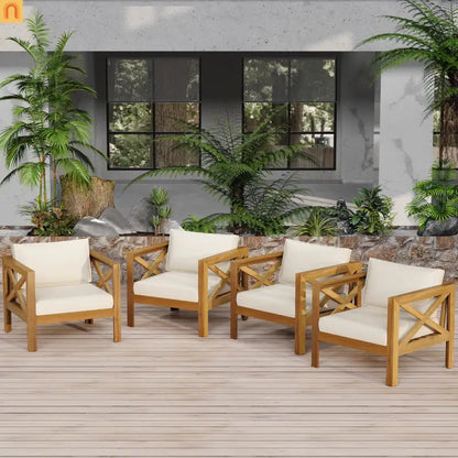 Outdoor Club Chair Set Acacia Wood Beige Cushions 2pc