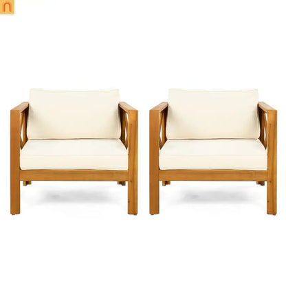 Outdoor Club Chair Set Acacia Wood Beige Cushions 2pc