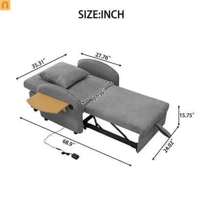 Chair 3-in-1 Convertible Linen Gray Adjustable USB Foldable