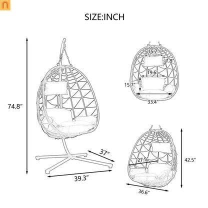 Outdoor Hanging Egg Chair Wicker Gray with Stand Foldable 76.8in